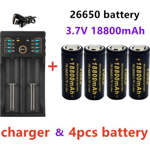 100% Original high quality 26650 battery 18800mAh 3.7V 50A lithium ion rechargeable battery for 26650 LED flashlight+ charger