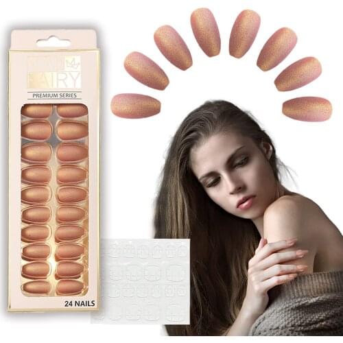 24pcs Acrylic Coffin Fake Nail Matte Press on Nails Pure Color Medium Length Ballerina Glitter Full Cover False Nails Tips