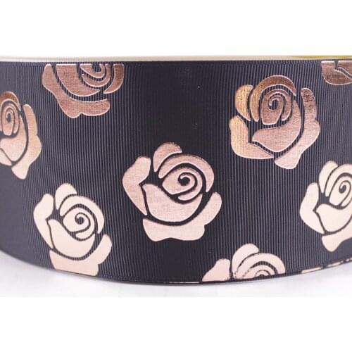 3"75mm rose flower foil Printed Grosgrain Ribbon for Valentine accessaries 10 yard 50 yard