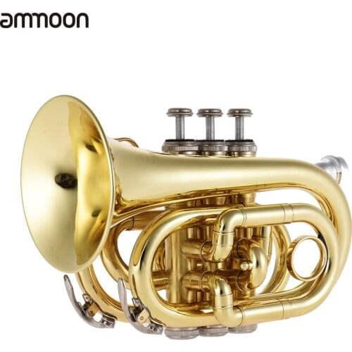 Ammoon Mini Pocket Trumpet Bb Flat Brass Wind Instrument with Mouthpiece Gloves Cleaning Cloth Carrying Case
