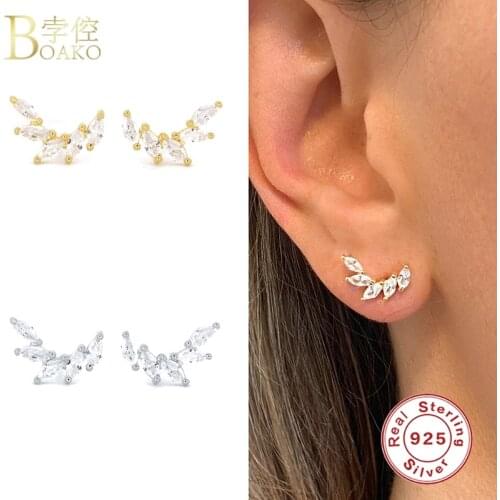BOAKO S925 Silver Earrings For Women Fine Jewelry 5 Zircons Pendiente Piercing Ohrringe Stud Earrings Brincos Aretes Party Gifts