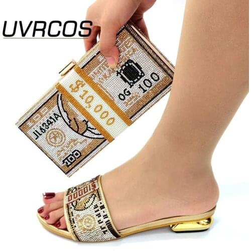 2021 Glod Color Special Lady Shoes and Bags To Match Set Decorated Sandals and Bags To Match Elegant Party Nigerian for Wedding