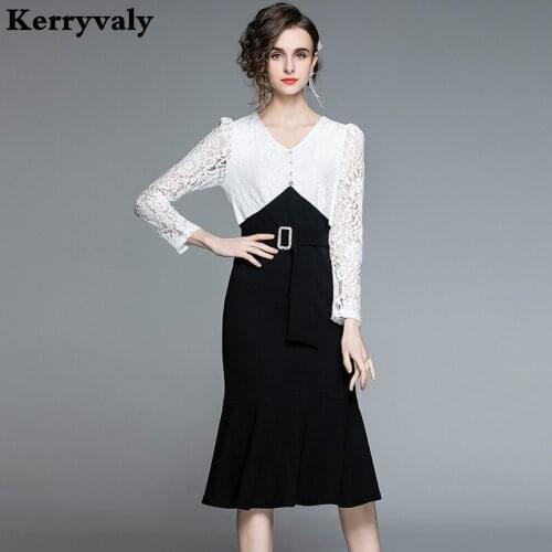 Ladies V-neck Lace Stitching Ruffled High Waist Fishtail Dress Women Fashion Spring Midi Party Dress Vestido De Mujer K8147