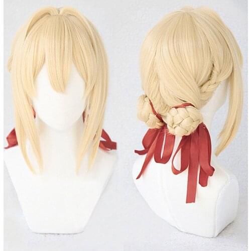Violet Evergarden Ponytail Braid Buns Blonde Hair Heat Resistant Cosplay Costume Wig + Wig Cap + Ribbon
