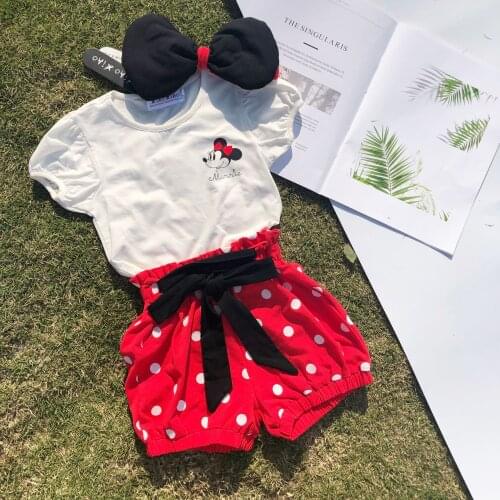 Disney Baby Girls Clothes Cute Minnie Casual Sets Summer Baby Girls White Tops Red Shorts Kids Clothes tshirts Shorts