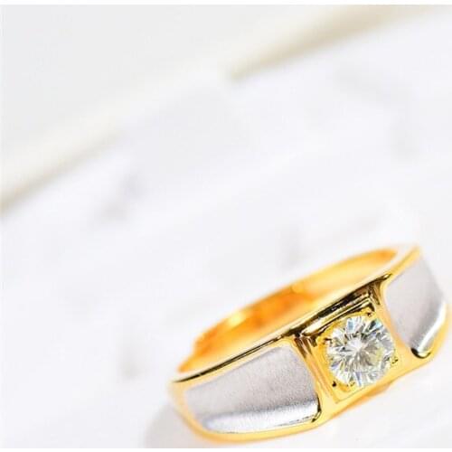 18K Yellow Gold Plated Brilliant Cut 0.5 Carat 5mm Round Moissante Ring 925 Silver Diamond Test Past Gemstone Wide Unisex Rings