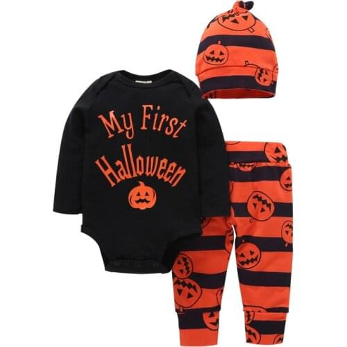 Infant Baby Clothes Set 2020 My First Halloween Long Sleeve Romper+Pumpkin Pants+Hat 3PCS Newborn Bebe kids clothing outfits