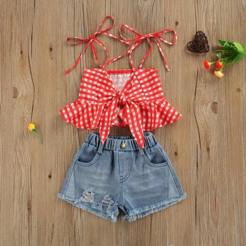 Summer Toddler Clothing Kids Girls Sleeveless Plaid Print Ruffle Bownot Tie Up Tops Ripped Denim Shorts 2pcs Outfit Clothes Sets