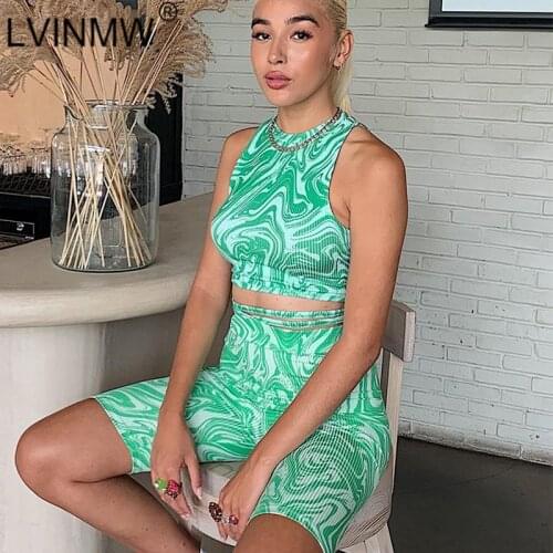 LVINMW Shorts Suits Printing Skinny Casual Sports Daily Two Piece Set Women O Neck Sleeveless Tank Elastic Waist Lace Up Bottom