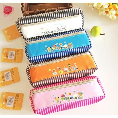 Cute Canvas Pencil Bags 12pcs Cartoon Pattern Creative Double Zipper Pencil Pouch Student Stationery Gift School Office Supplies