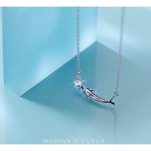 Modian Clear CZ Necklace for Women Classic Animal Dolphin 925 Sterling Silver Korean Style Delicate Girl Jewelry Accessories