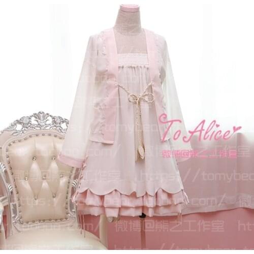 Super Cute Sakura Theme Chinese RUQUN Style Layers Bubble Dress 2PCS Set Chiffon Soft White & Pink Lolita Dress