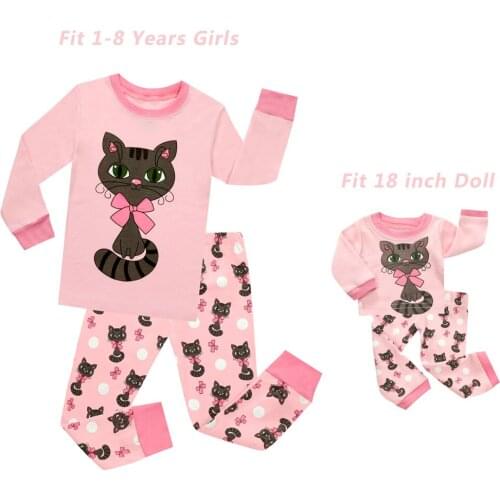 Latest Fashion Pijamas Sets Matching Girls and Doll Child Cute Cartoon Cat Pajamas Kids Nightwears Children Sleepwears Baby Pjs