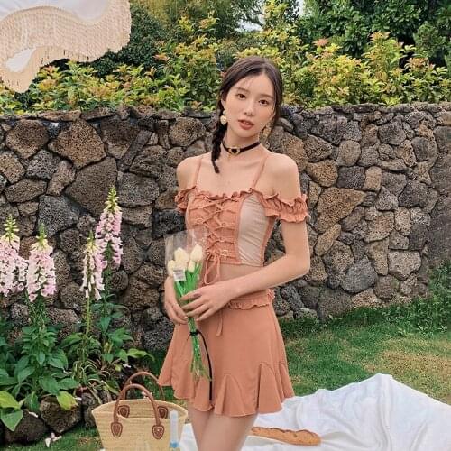 2021 New Two Piece Swimsuit Women Solid Bandage Swimwear Skirted Monokini Push Up Swim Suit Korea Style Trikini Bathing Suit