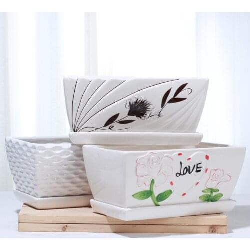 Rectangular Ceramic Flowerpot With Tray Simple Personality Desktop Succulent Orchid Plant Banyan Rich Pot Balcony Decoration