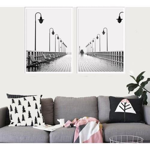 Modern Brooklyn Bridge Canvas Painting Black And White Walking In The Rain Wall Art Prints Pictures For Living Room Home Decor