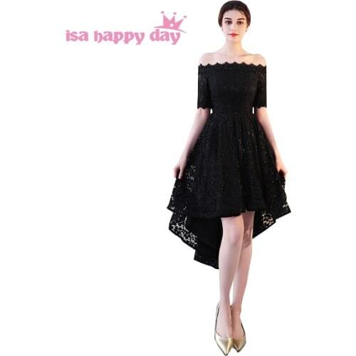 Formal prom high low dresses short dress for girl winter dress black lace low back with sleeves to wear to a occasion H4226