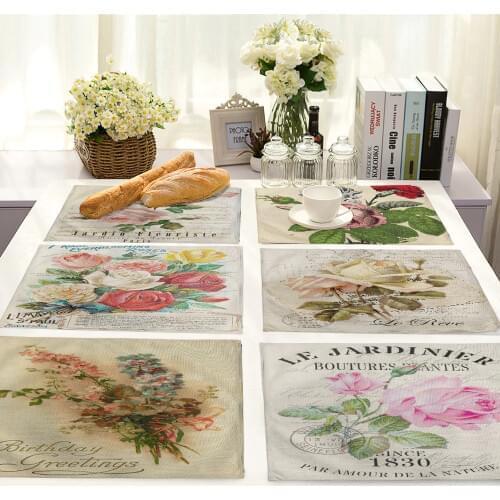 Vintage Painted Series Plant Cotton and Linen Insulation Western Food Mat Floral Rectangular Fabric Placemat with Coffee Pad
