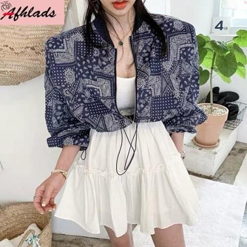 Geometric print jacket female Korean Vintage drawstring zipper design casual Plus Size Women Fashion Long Sleeve jacket