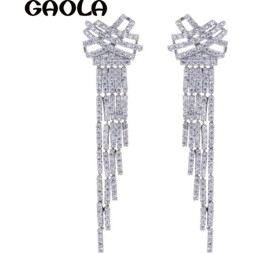 GAOLA Fashion Womans Statement Earring Long Silver Color AAA CZ Dangle Earring Long Crystal Brand Jewelry GLE4662