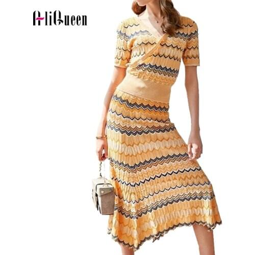 2019 Summer Women Bohemian Knitted Two Piece Sets Short Sleeve V Neck Sweater Tops + Stripes Knitted Long Skirt 2 Piece Outfits