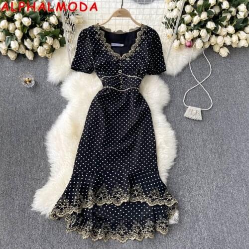 ALPHALMODA Womens Dress V-neck High Waist Slim Retro Embroidery Fishtail Dress Sweet Polka Dot Feminine Ruffled Dress