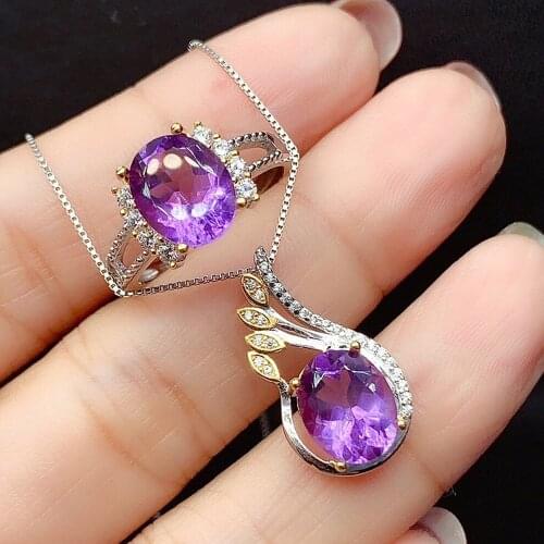 Peacock Purple Crystal Amethyst Diamonds Gemstones Pendant Necklaces Rings Party Jewelry Sets for Women White Gold Color Bijoux