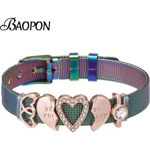 BAOPON Hot Sale Best Friend Set Charm Mesh Bracelets With Stainless Steel Keeper Bracelets Bangle For Women Friend Best Gift