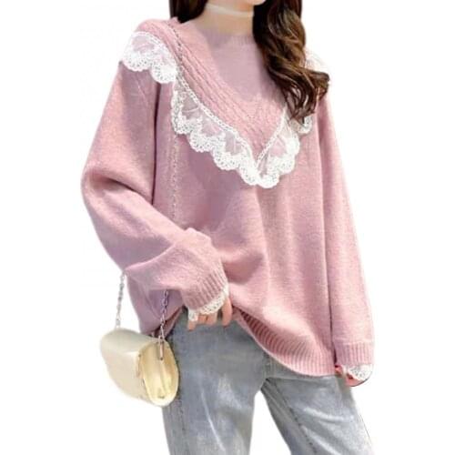 Ele-Choices Women Autumn Loose Lace Solid Color Round Neck Long Sleeve Knitted Blouse Top