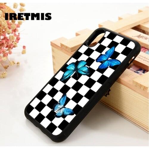 Iretmis 5 5S SE 6 6S TPU Silicone Rubber phone case cover for iPhone 7 8 plus X Xs 11 Pro Max XR Blue Butterfly Checks