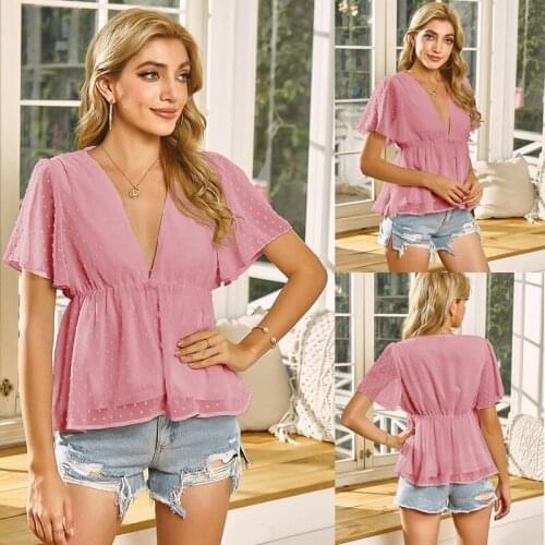 Hot kf-Womens Short-Sleeved V-Neck Lotus Leaf Top Shirt Pink