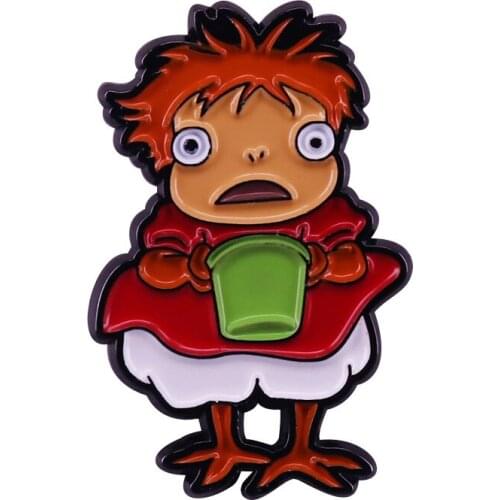 Cute Ponyo with Sosukes Green Bucket Brooch Pin Ghibli Anime Lovers Wonderful Addition