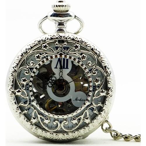 Silver Clamshell Hand Wind Mechanical Pocket Watch With Box Men Women Skeleton Gears Watch Gift