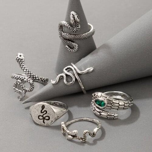 6Pcs/Set Punk Boho Snake Ring Sets for Women Antique anillos Green Crystal Charm Geometric Fashion Joint Finger Ring Jewelry