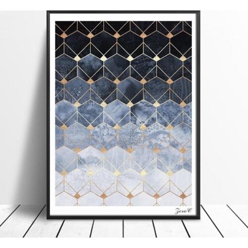 Nordic Blue Hexagons Diamonds Art Posters and Prints Wall Art Canvas Painting Pictures For Living Room Abstract Home Decor