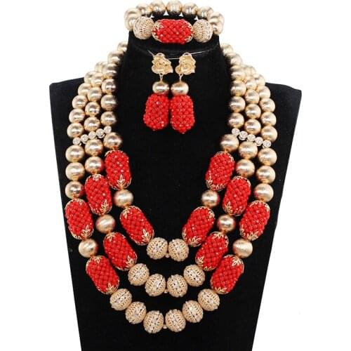 2017 New Red African Wedding Beads Jewelry Sets for Brides Dubai Gold Costume Women Necklace Earrings Set WE081