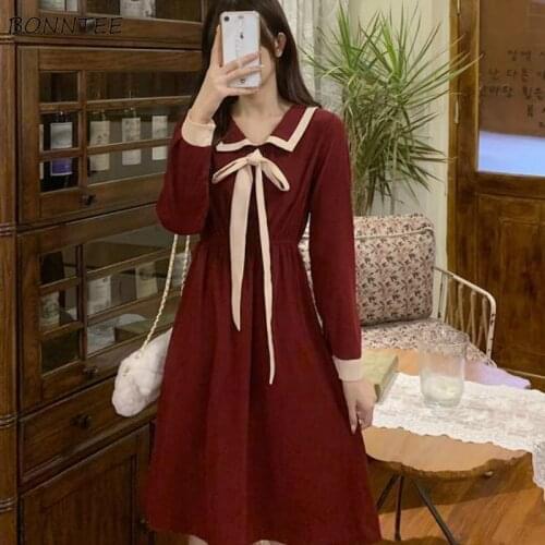 Dresses Women Sweet Lovely Drawstring Bow Japanese Style Student Trendy New Long Sleeve Turn-down Collar Autumn Temperament Ins