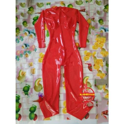 Handmade Red Latex Catsuit Men 3D Cups Rubber Bodysuit Customized with Back Crotch Zip