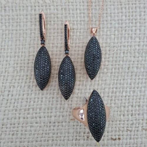 Silver Set 925 Silver Black Drop Ring Earing Necklace Set