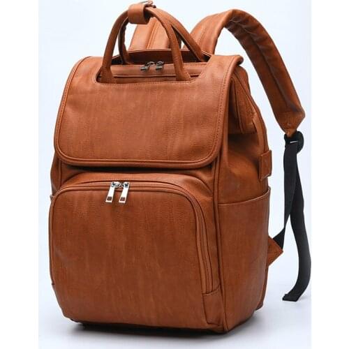 PU Leather Baby Diaper Bag Backpack For Moms Large Capacity Nappy Bag with Changing Pad + Stroller Straps Brown and Black