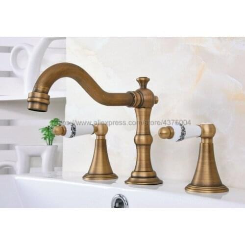 Bathroom Antique Brass Mixer Faucet Two Handles 3 Hole Basin Sink Hot Cold Water Taps Nan085