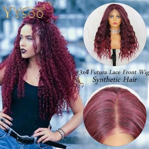YYsoo Long Red Kinky Curly Synthetic Lace Front Wigs for Women 13x4 Futura Heat Resistant Fiber Loose Wave Highlights Ombre Wig