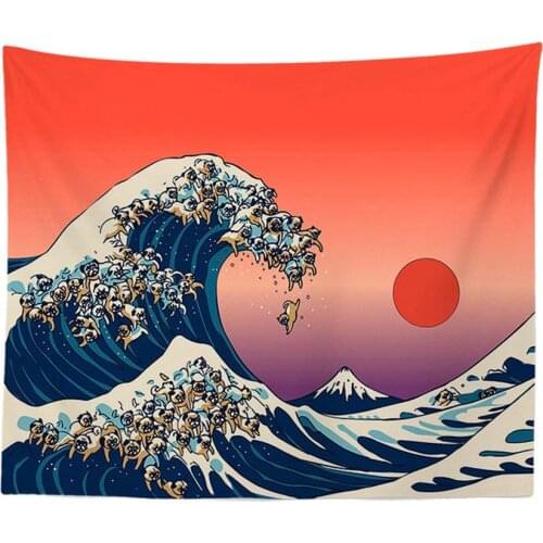 Funny Bulldog Wave Print Tapestry Great Wave Of Kanagawa Wall Tapestry Japanese Style Red Sun Mount Fuji Wall Hanging