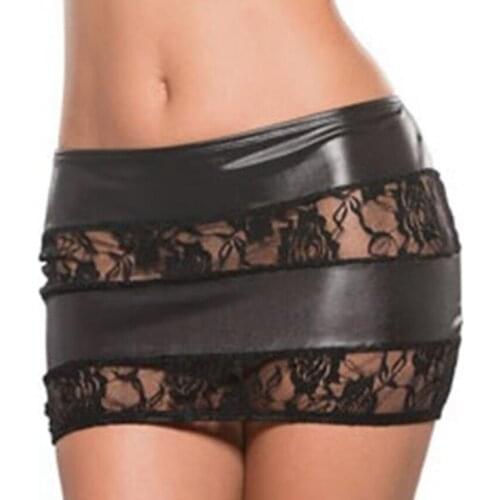 New Women Soft PU Leather Lace Skirt Low Waist Slim Hip Pencil Pole Dance Skirts Bodycon Midi Skirt Sexy Clubwear