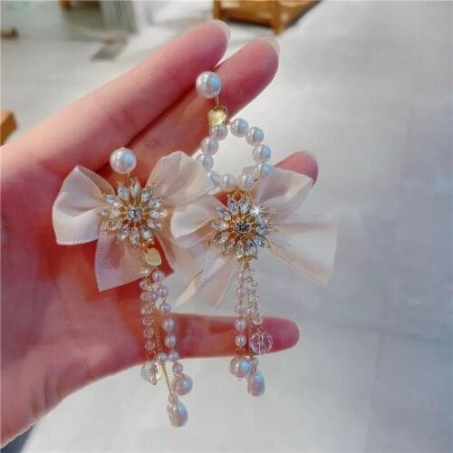 Womens Summer Lace Bow Pearl Tassel Earrings Fashion Simple Women jewelry exquisite 2021 trend Fashion Stud Earrings