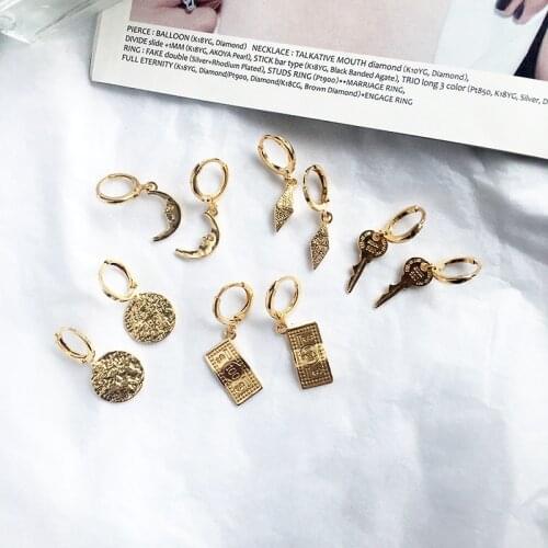 Dayoff Europe Geometric Key Coin Moon Hoop Earrrings for Womens Boho Punk Rhombus Earstud Women Jewelry Small Earrings E418