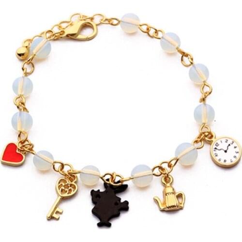 Lovely Rabbit Heart Charms Bracelets for Women Girl Clock Tea Pot Pendants Beaded Hand Chain Bracelet Jewelry Gift