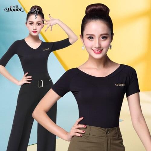 Doubl Latin Dance T Shirts Tops Practice Costume Modern Dance Comfortable Dancing Costume Female Womens Short Sleeve Boat Neck