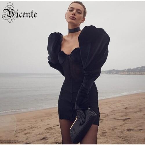 VC Chic Black Mini Dress Puff Sleeves Design Square Collar Mesh Velvet Splicing Celebrity Party Club Vestido Free Shipping
