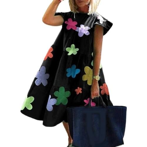 Dresses for women 2021 Casual Summer O Neck Short Sleeve Floral Print Large Hem A Line Dress party dress women elegant Black xxl